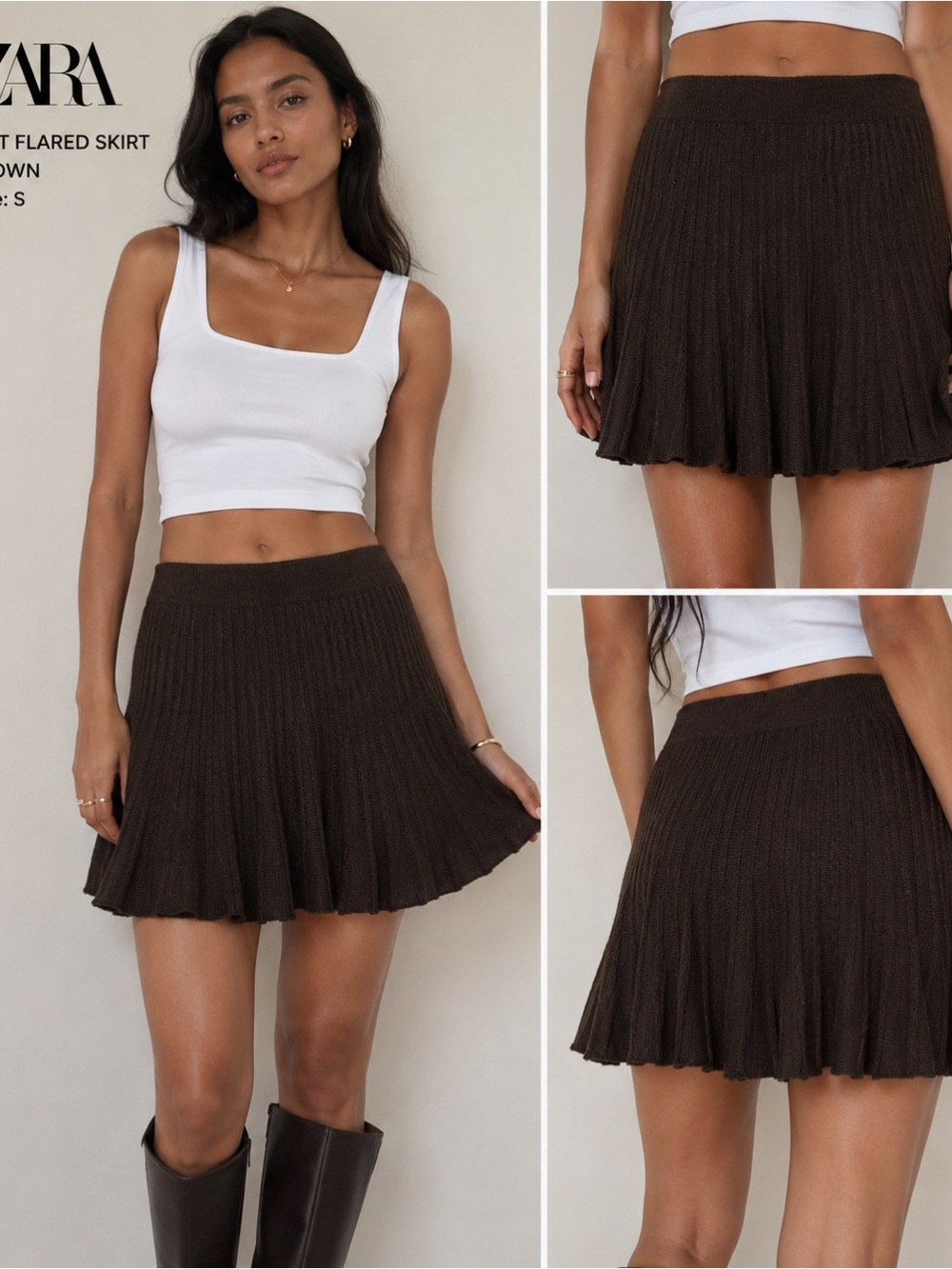ZARA Dark Brown Ribbed Flared Mini Skirt